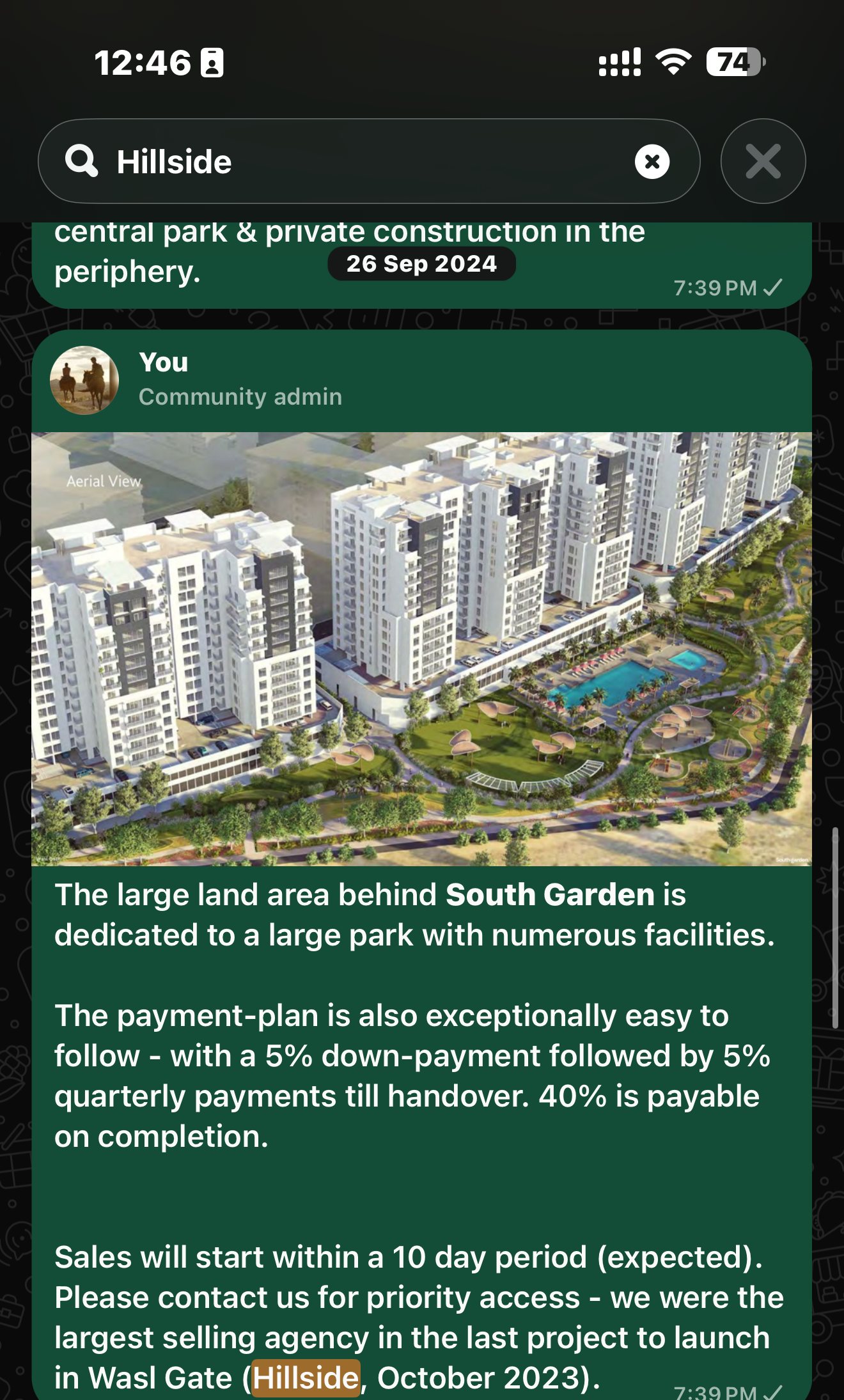Seeking Dubai original post, 26 September 2024: South Garden aerial view and a note on Seeking Dubai's Hillside launch sales