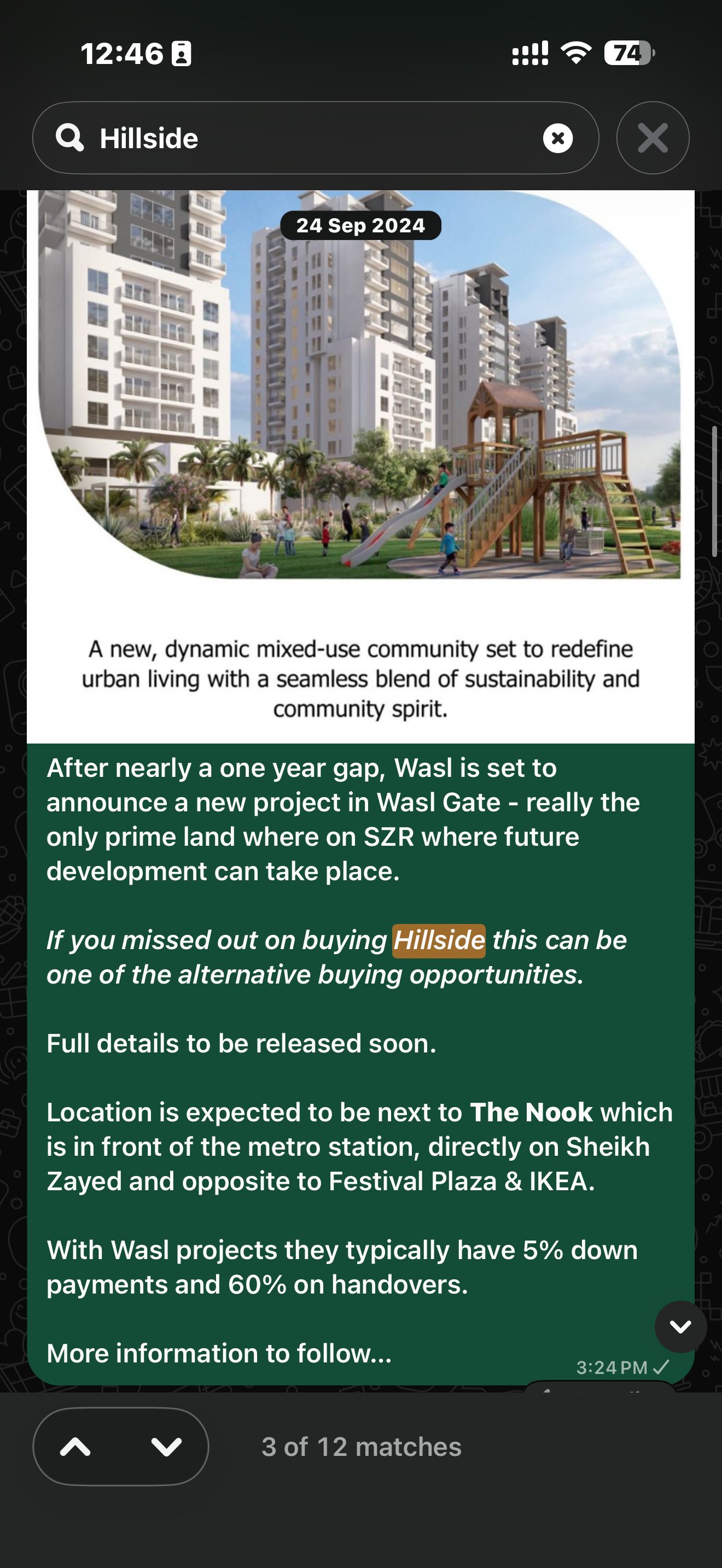 Seeking Dubai original post, 24 September 2024: South Garden at Wasl Gate announced as the next project after Hillside