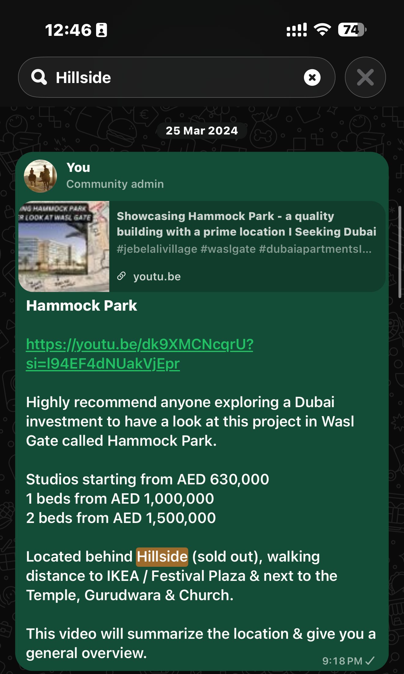 Seeking Dubai original post, 25 March 2024: Hammock Park in Wasl Gate, located behind Hillside