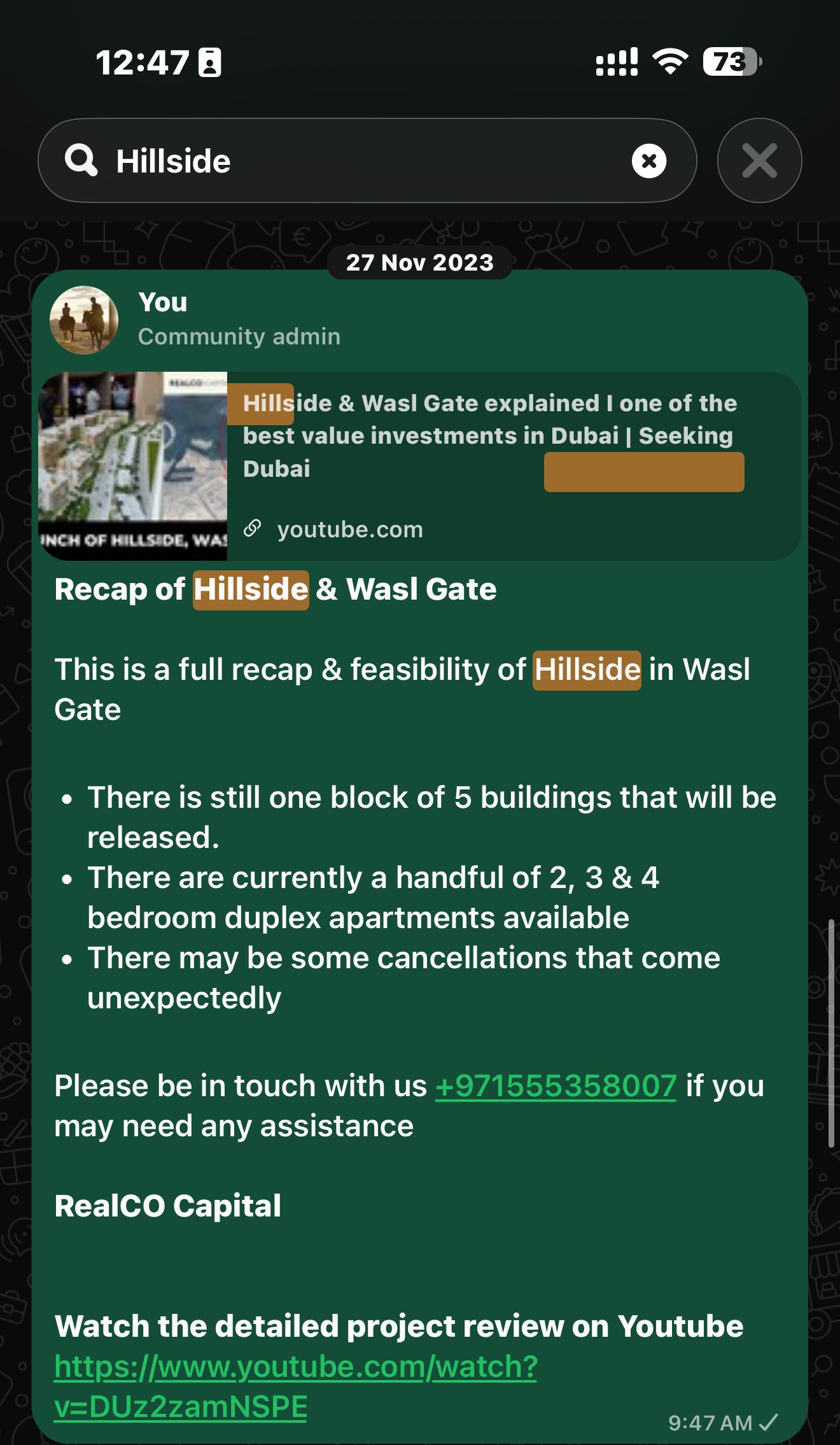 Seeking Dubai original post, 27 November 2023: recap of Hillside and Wasl Gate with a link to the Seeking Dubai YouTube review