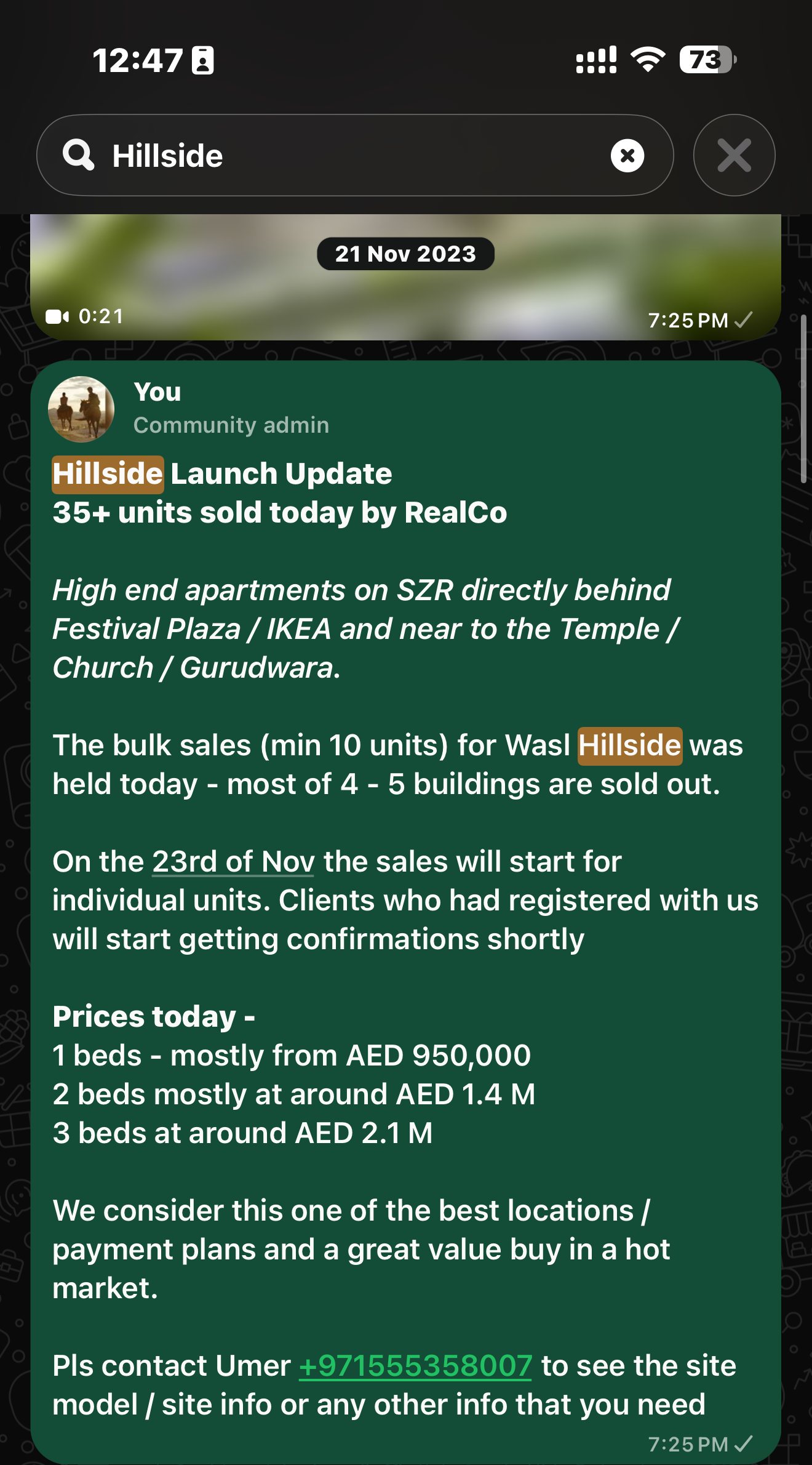 Seeking Dubai original post, 21 November 2023: Hillside launch update — 35+ units sold by RealCO, launch prices by bedroom