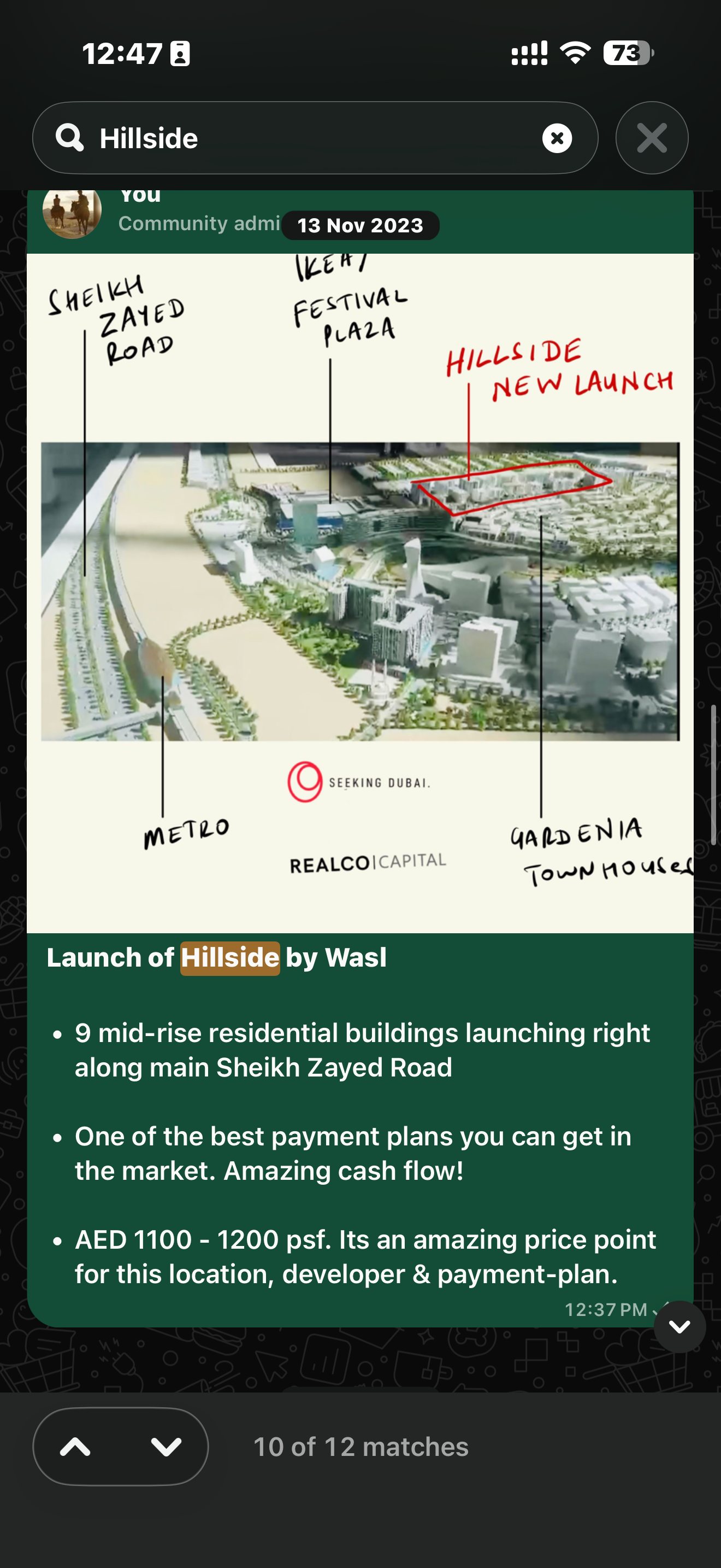 Seeking Dubai original post, 13 November 2023: Launch of Hillside by Wasl — nine mid-rise buildings on Sheikh Zayed Road, AED 1,100–1,200 per sq ft