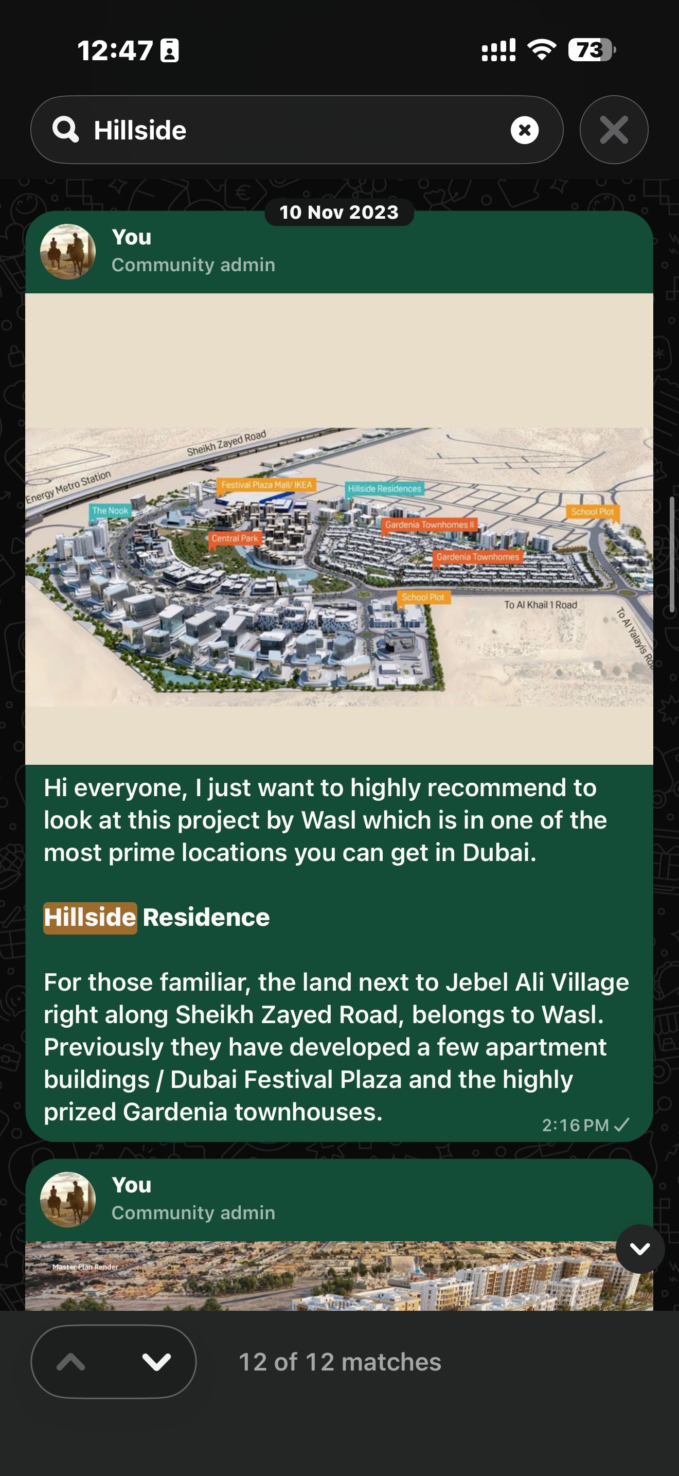 Seeking Dubai original post, 10 November 2023: annotated Wasl Gate map showing Hillside Residences beside Sheikh Zayed Road, Energy Metro Station and Festival Plaza