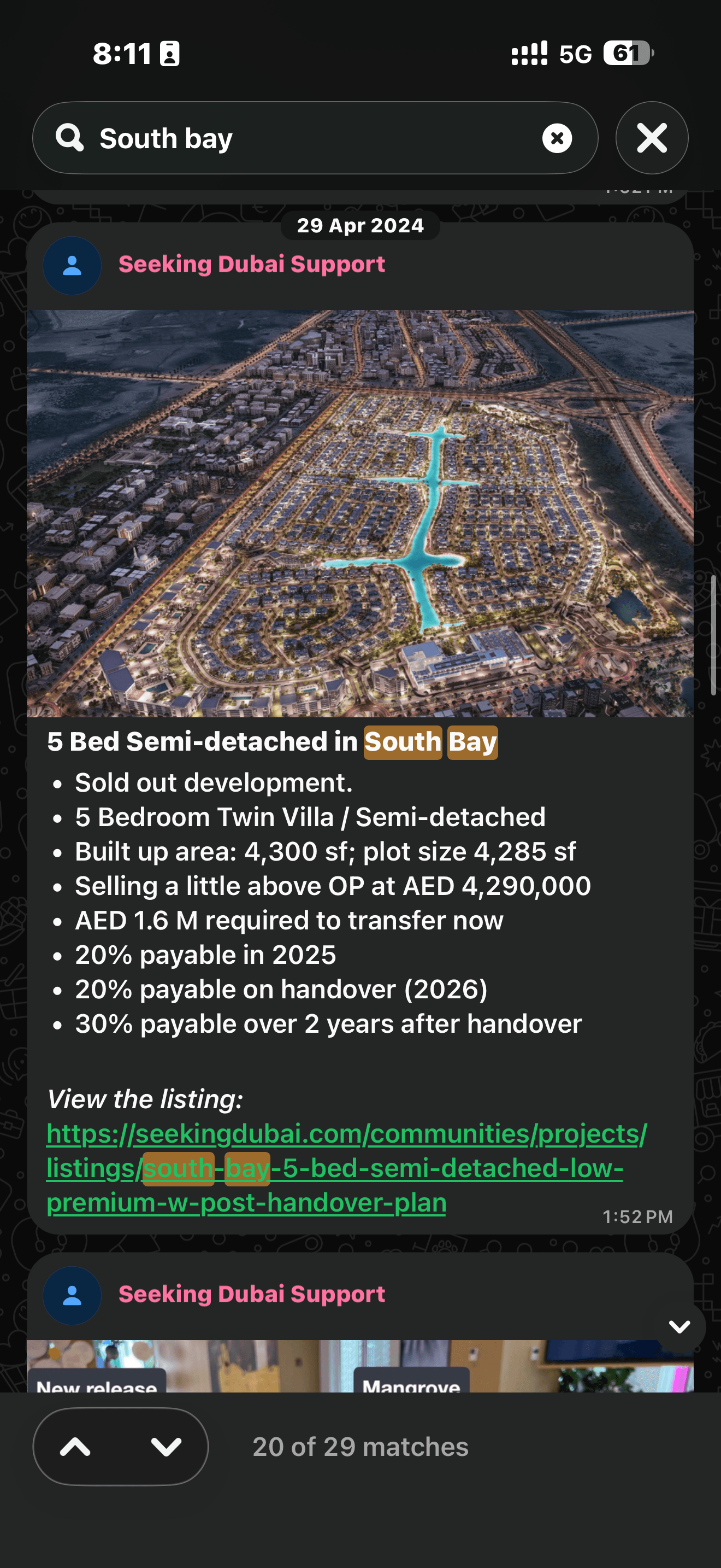 Seeking Dubai original South Bay community post, 2024-04-29: A resale with time to pay.