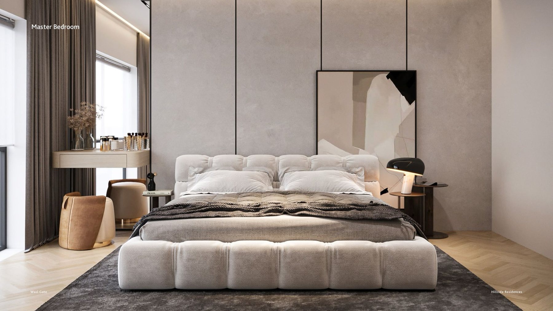 Master bedroom — developer render, representative of Hillside interiors, not this exact unit.