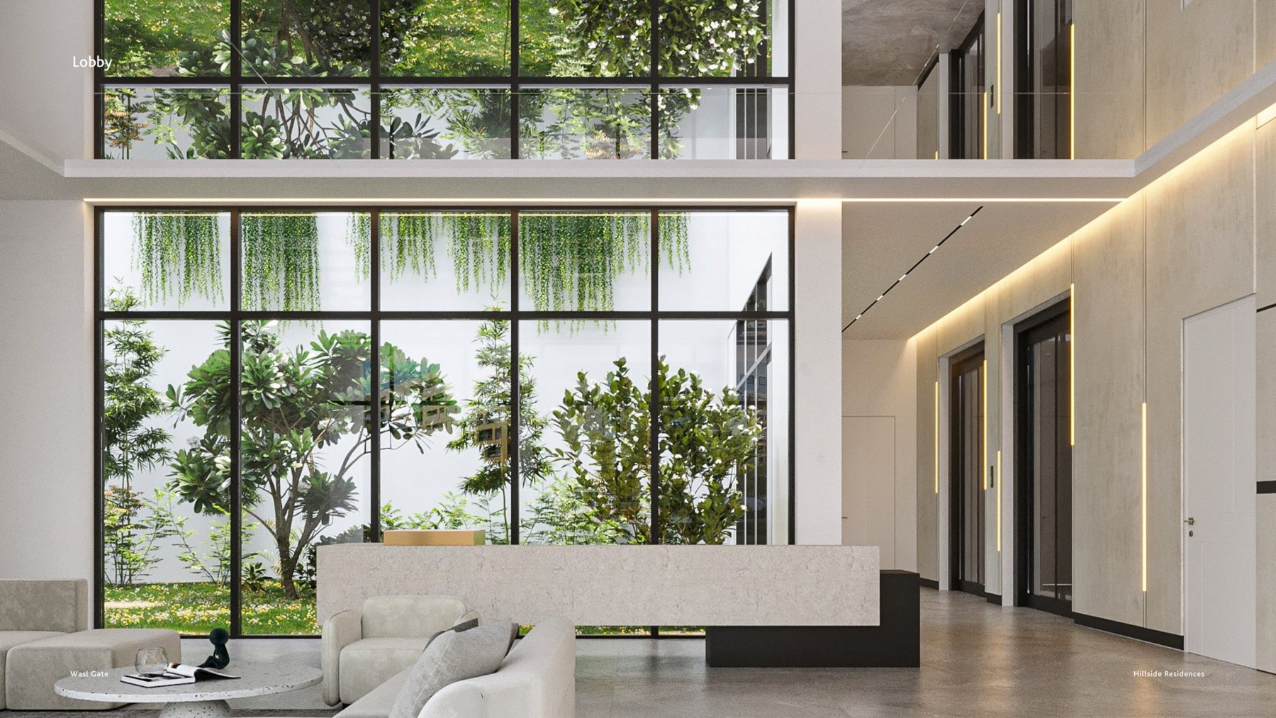 Double-height residential lobby — developer render.
