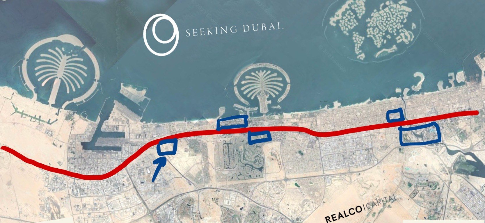 Sheikh Zayed Road corridor from Dubai Marina to Jebel Ali, with Wasl Gate marked